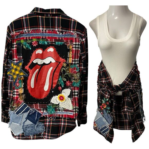 Upcycled Flannel Shirt Womens Large Lips Shacket Grunge Rock Concert Art - Picture 9 of 16